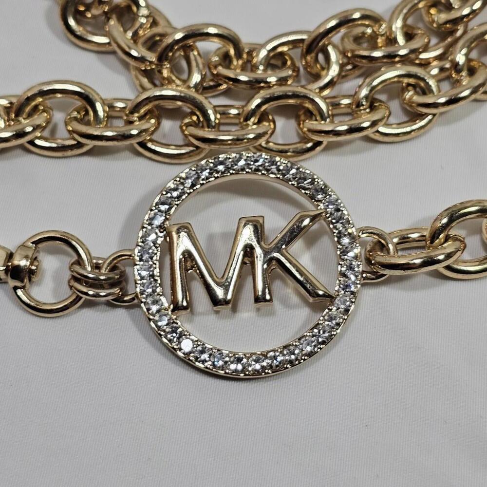 MICHAEL KORS Belt Gold &rhinestone Inlay MK Logo Metal Clip Chain Adjustable - Picture 2 of 8
